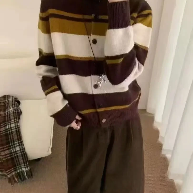 撞色条纹高领针织开衫女秋冬新款韩版显瘦毛衣百搭宽松