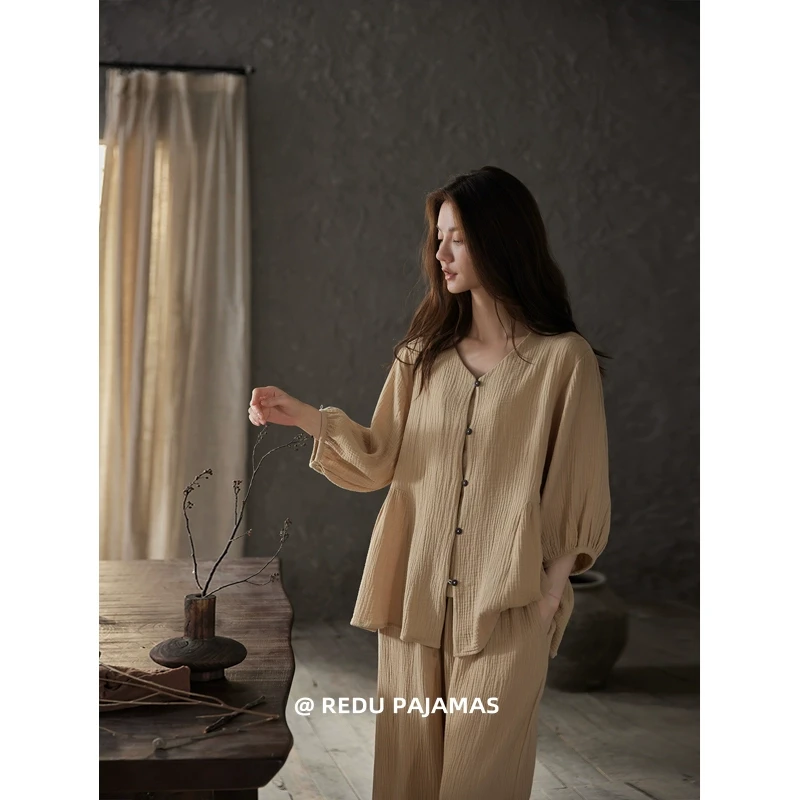 热妒睡衣女春夏季纯棉纱布带胸垫可外穿七分袖休闲宽松家居服套装