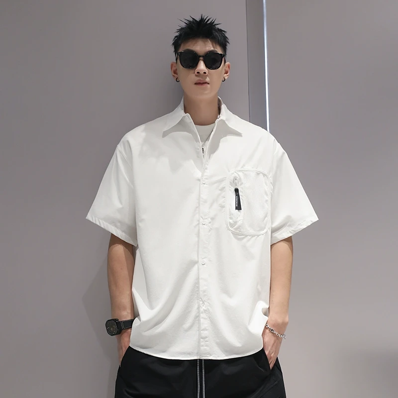 有术美式潮牌工装口袋短袖衬衫男夏季设计感痞帅宽松情侣休闲衬衣