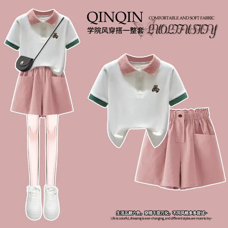 女童夏季套装2025新款休闲POLO衫短袖儿童夏装时尚短裤运动两件套