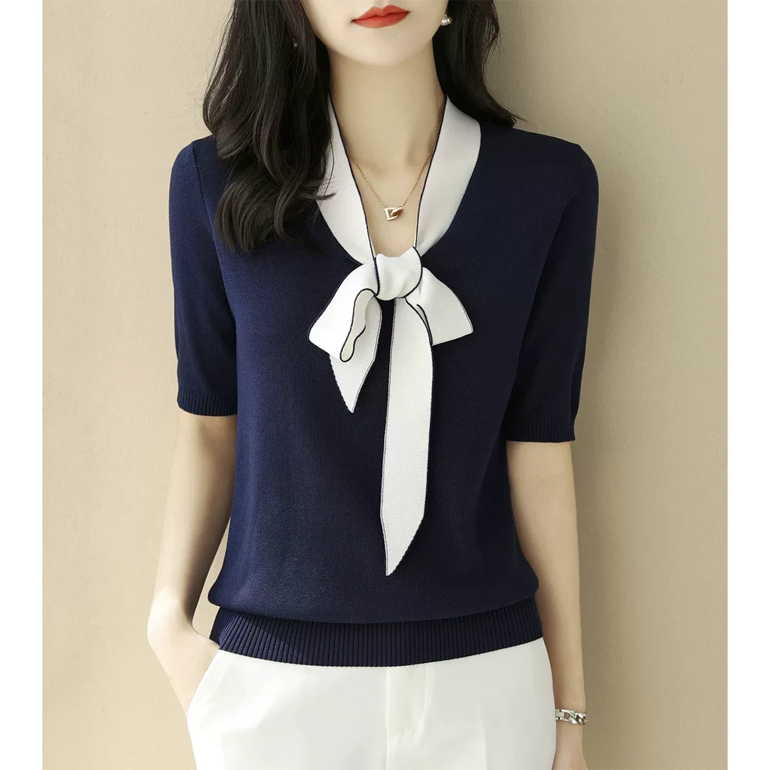 2025春季新款系带蝴蝶结上衣V领飘带拼色五分袖宽松显瘦针织衫女