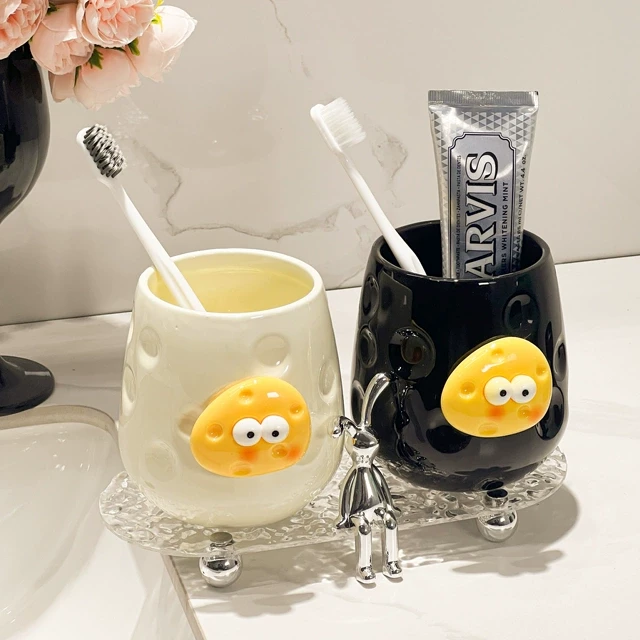 奶酪陶瓷漱口杯家用情侣洗漱杯一对奶油风刷牙杯子牙缸托盘置物架