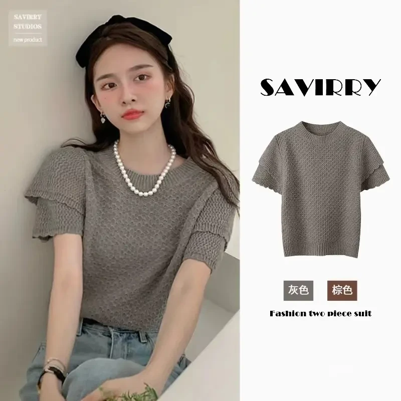 韩系温柔小众设计感遮肉显瘦泡泡袖春夏季圆领短袖针织衫T恤短款