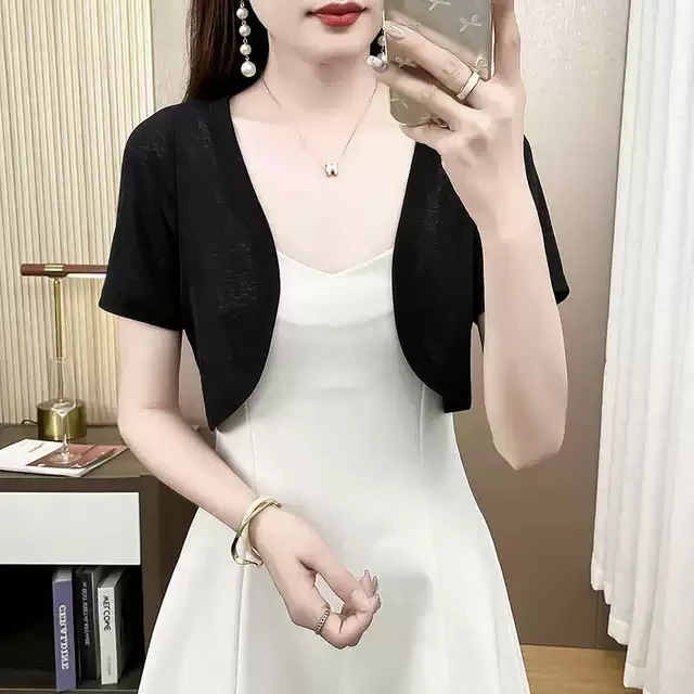 冰丝简约防晒开衫短袖女披肩夏季配裙子小坎肩短款罩衫吊带裙外搭