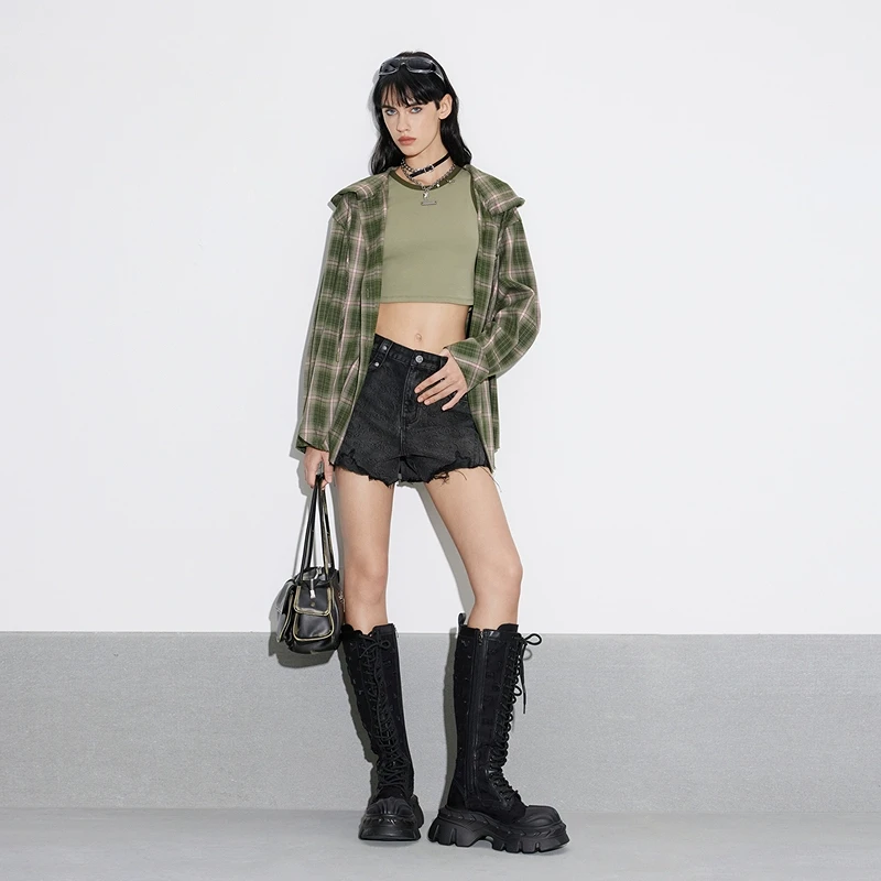 【商场同款】PHORM2025春装新款连帽格子长袖宽松衬衫C18512516