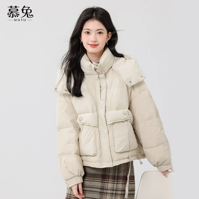 慕兔韩系连帽立领棉衣棉服冬2024新款小个子加厚宽松潮牌外套女