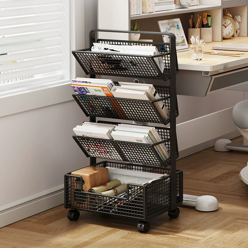 桌边书架落地可移动书桌旁书本收纳架学生书柜办公置物架多层推车