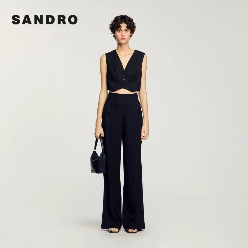 暖系穿搭|SANDRO2025秋冬新款黑色亮片条纹阔腿长裤SFPPA01680