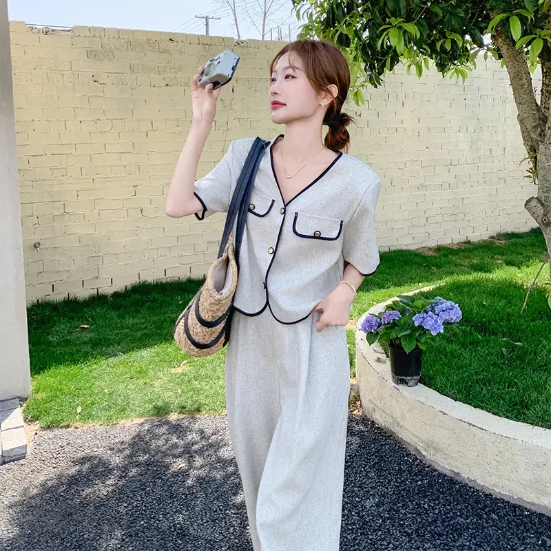 高质感轻熟风套装裤女2025夏季新款韩系气质短袖上衣阔腿裤两件套