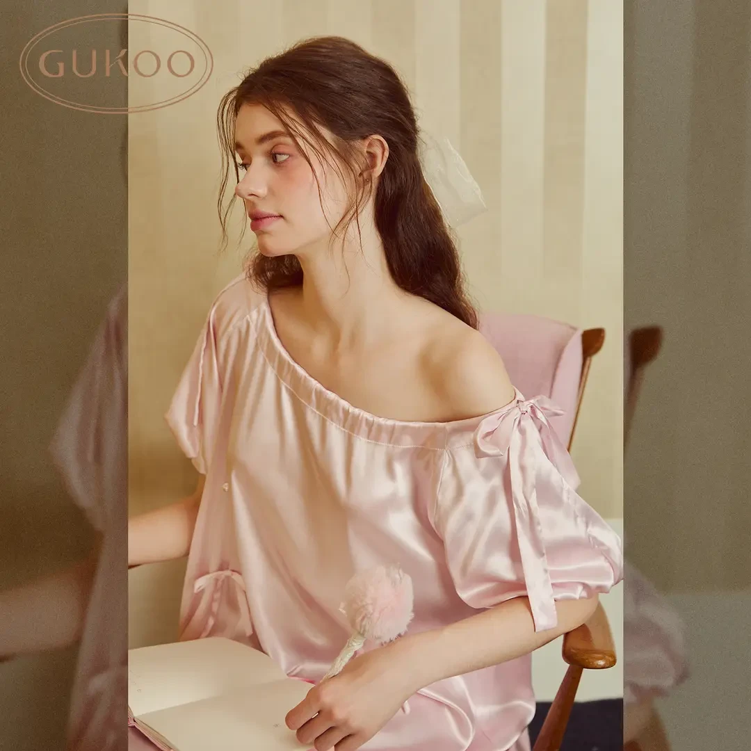 Gukoo/果壳蝴蝶结甜美公主风纯色睡裙夏季欧若风纯欲睡衣女家居服