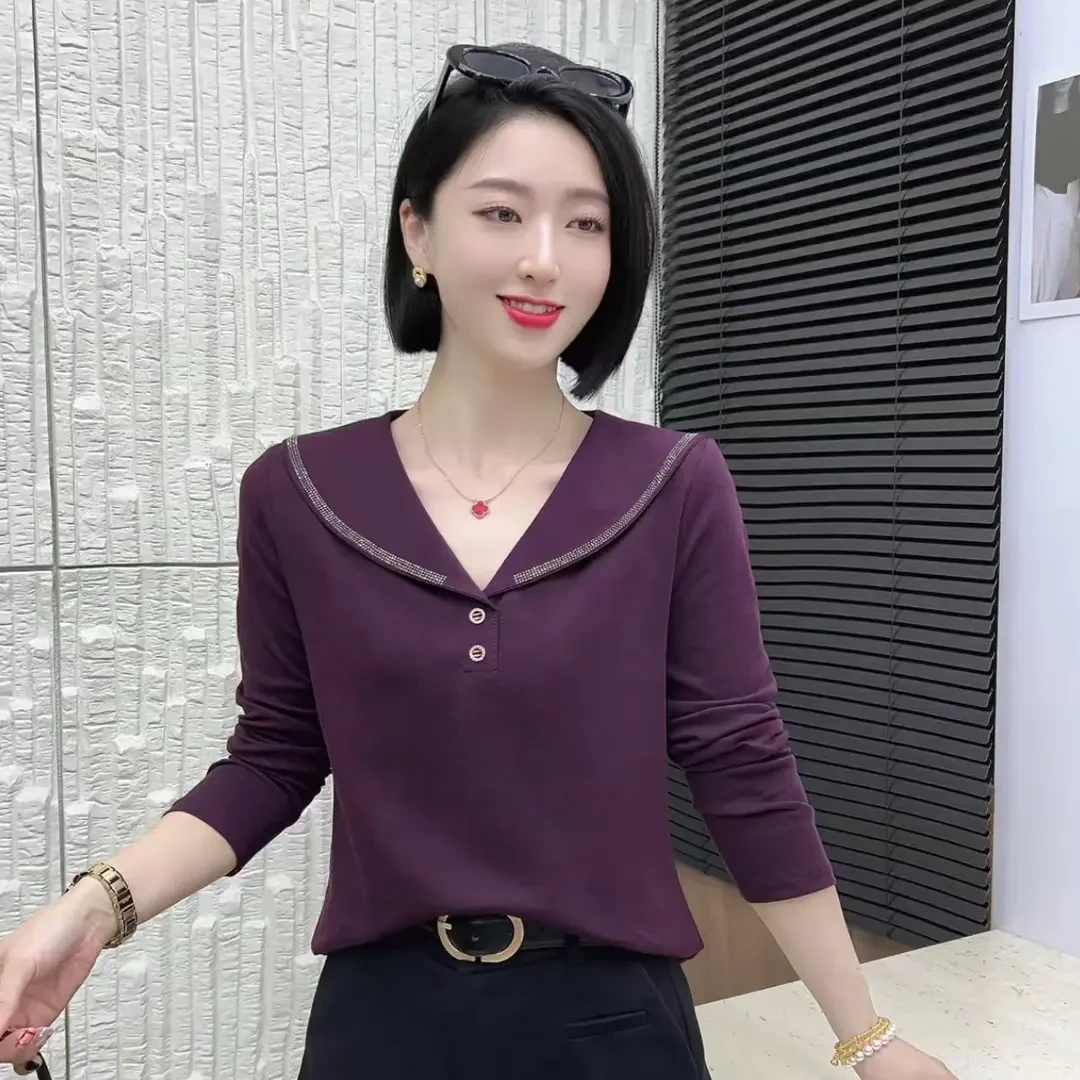 2025早秋新款时尚修身烫钻娃娃领长袖纯色打底显瘦女士小衫上衣