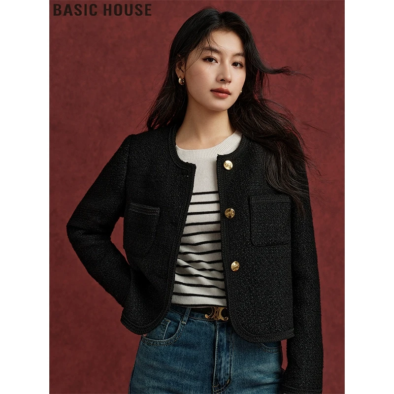 Basic House/百家好气质小香风毛呢外套短款开衫上衣女2025年秋冬