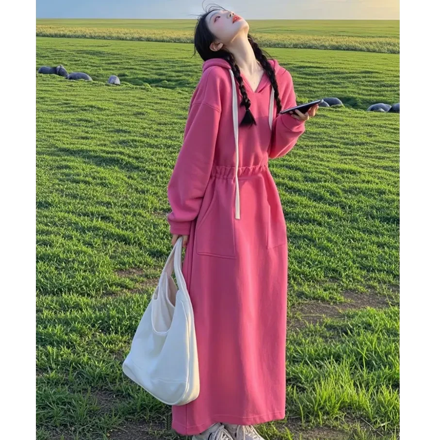 4103新款小个子洋气漂亮独特超好看宽松显瘦粉色连帽卫衣连衣裙