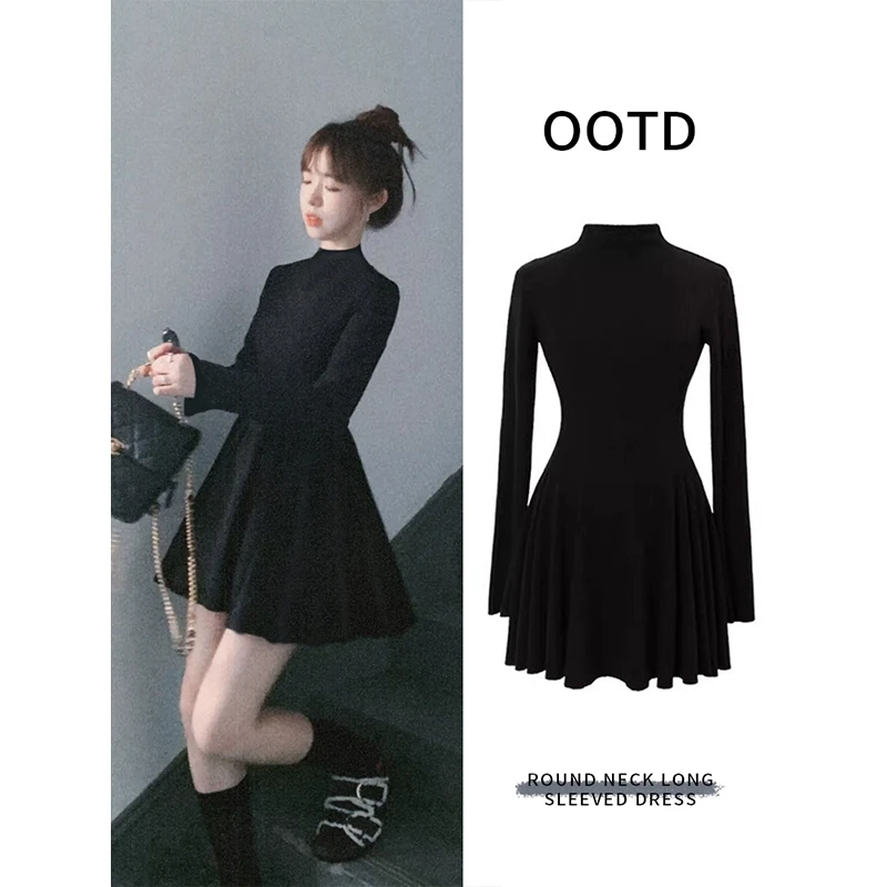 黑色打底小个子连衣裙女2025新款早春显瘦小黑裙子套装复古穿搭
