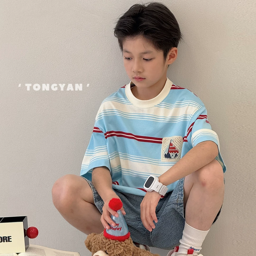 男童短袖T恤夏装自制中大童条纹五分袖儿童休闲时尚半袖韩TY70942
