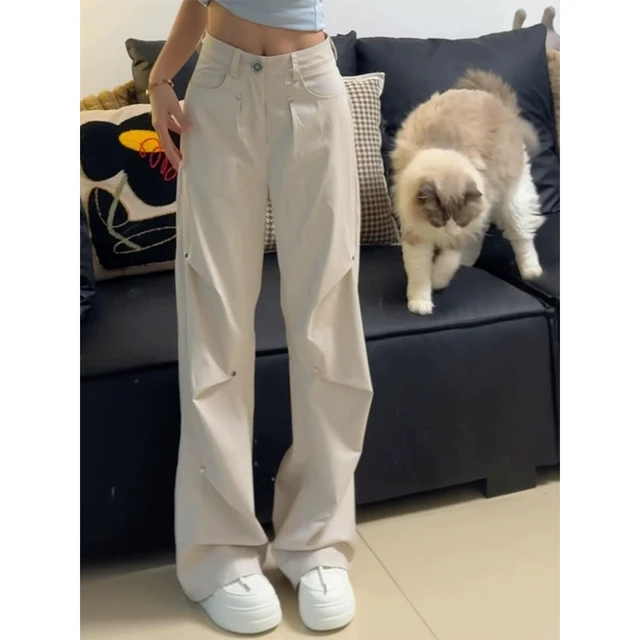 美式白色柳钉工装裤女夏季2025新款设计感小众宽松直筒阔腿休闲裤
