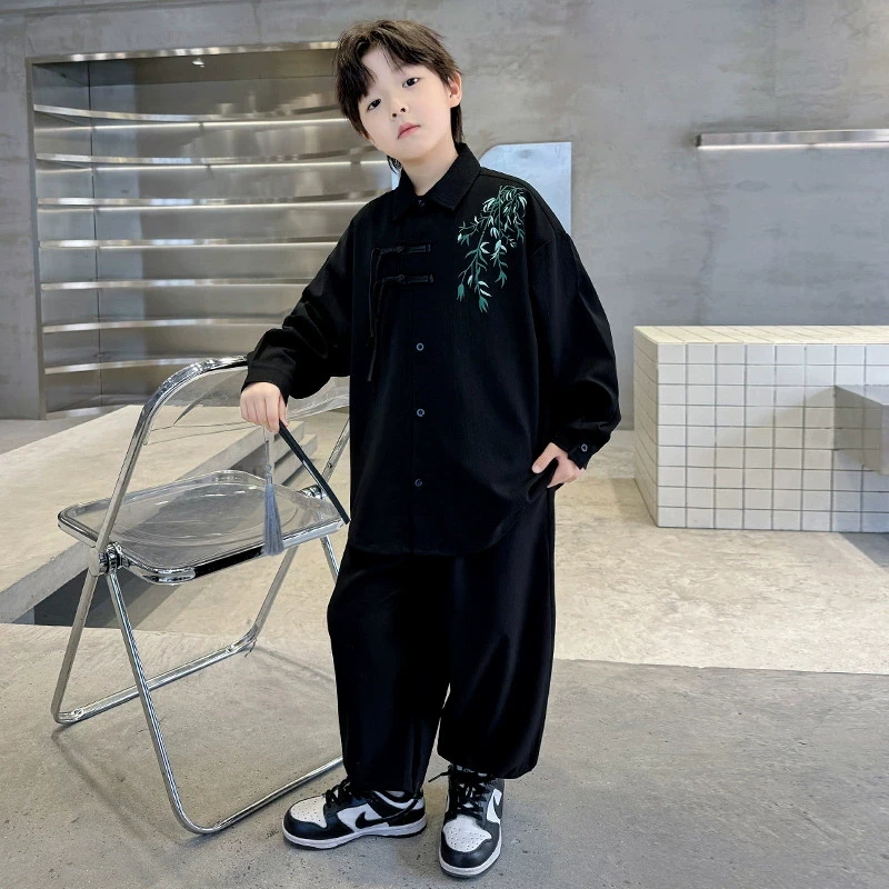 男童汉服春秋款2024新款古风帅气套装中大童秋装黑色儿童国风唐装