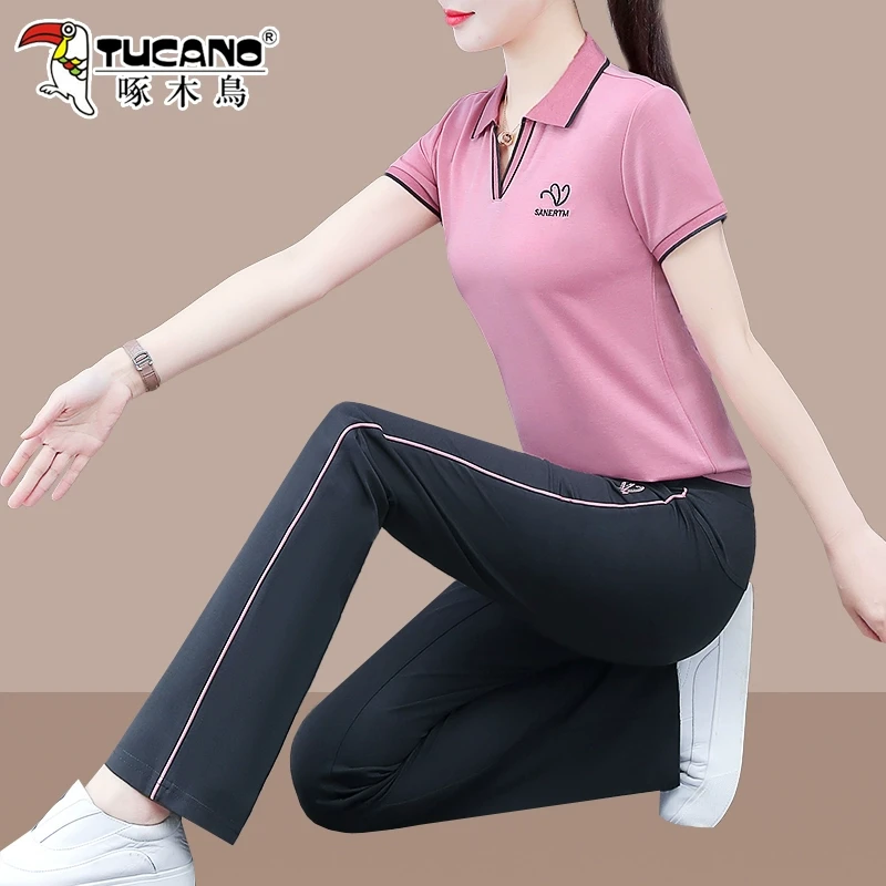 啄木鸟冰丝短袖运动套装女新款夏季休闲服洋气女装时尚两件套女士