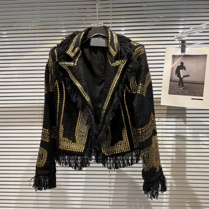 网红同款2025春季新小香风粗花呢金属铆钉流苏毛边重工西服外套