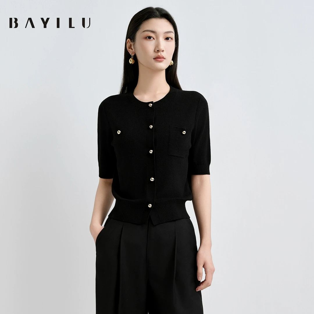 芭依璐2025春季短袖毛衣女显瘦百搭针织衫91SW706