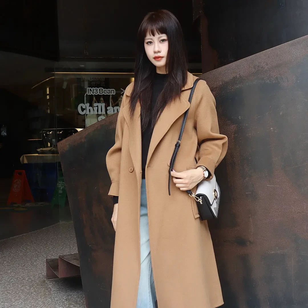 冬季新款气质翻领毛呢大衣外套简约百搭中长款双面呢保暖风