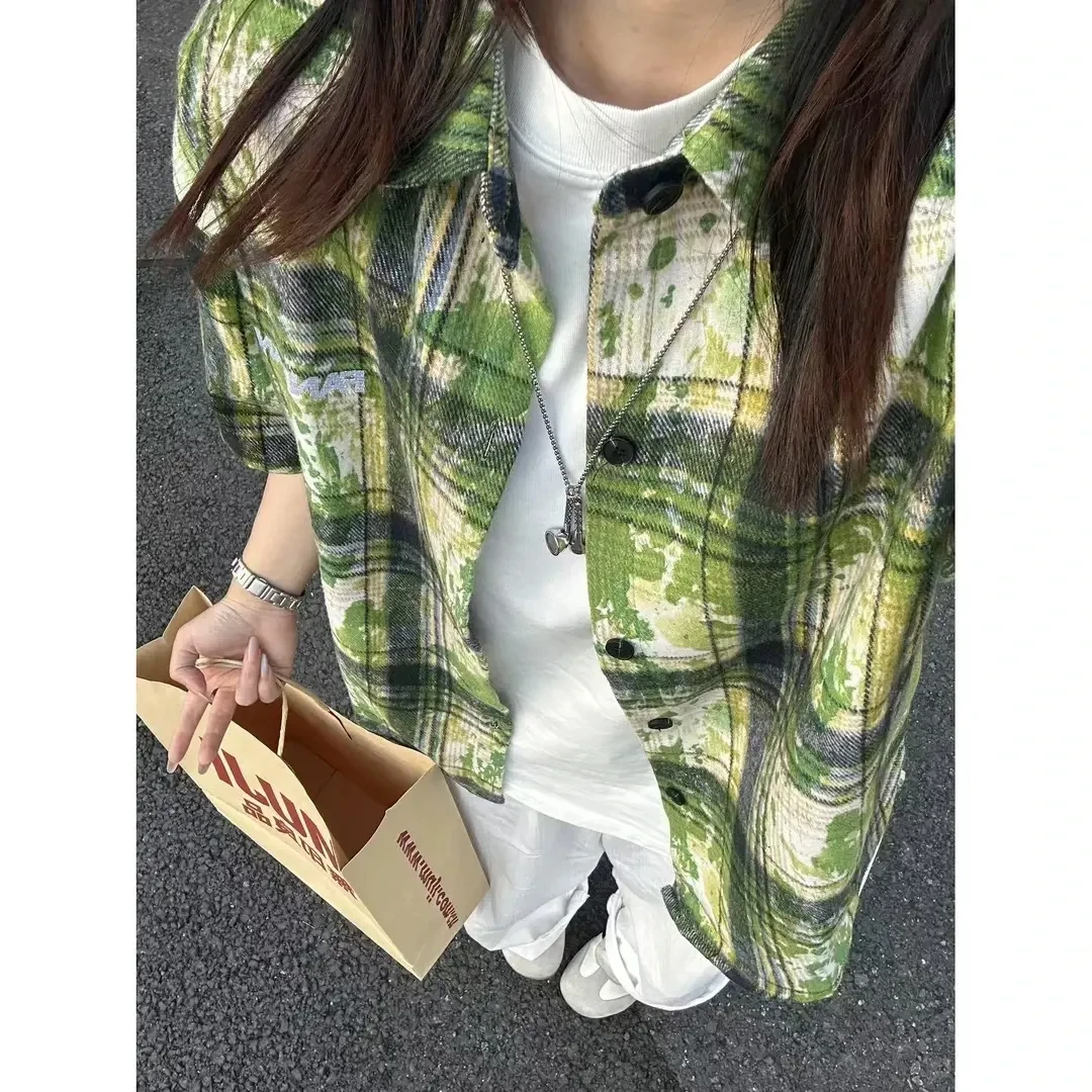 牛油果绿扎染格子衬衫短袖男款美式复古潮牌衬衣宽松休闲情侣外套