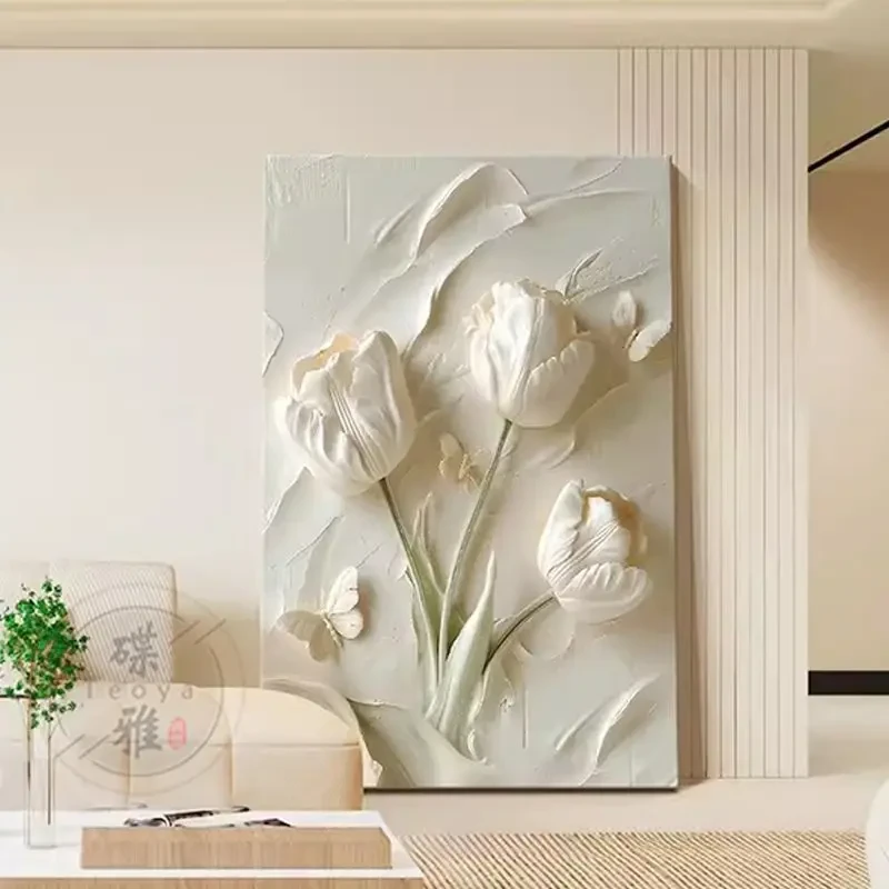 奶油风客厅装饰画抽象花卉砂岩落地画走廊过道壁画高级感玄挂画