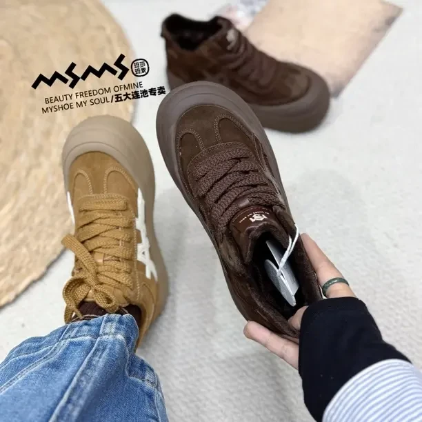 玛莎玛索9926棉鞋圆头系带反毛皮时尚休闲板鞋韩版厚底拼色女鞋