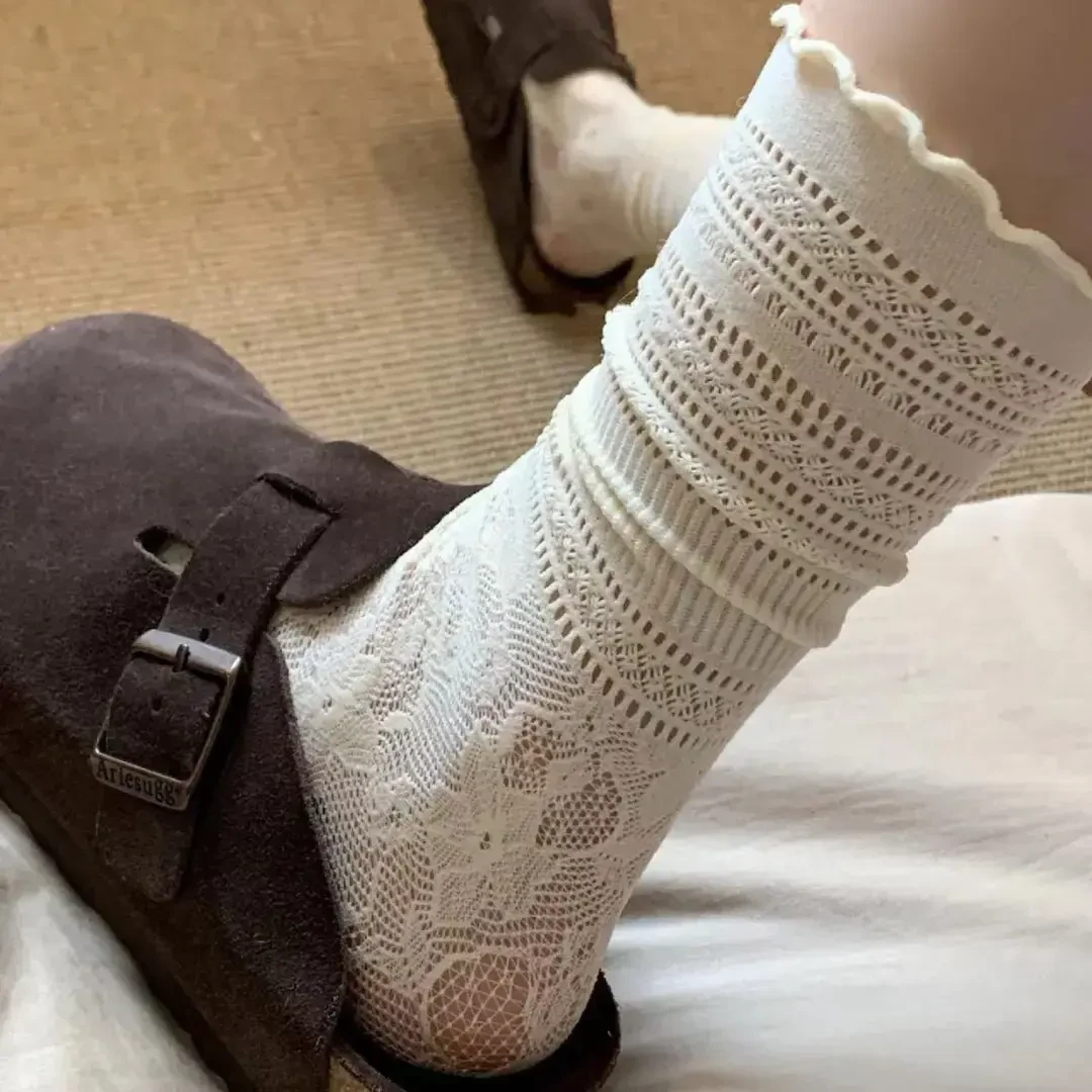 日系白色镂空蕾丝花朵袜女中筒袜夏季薄款jk木耳边玛丽珍堆堆袜