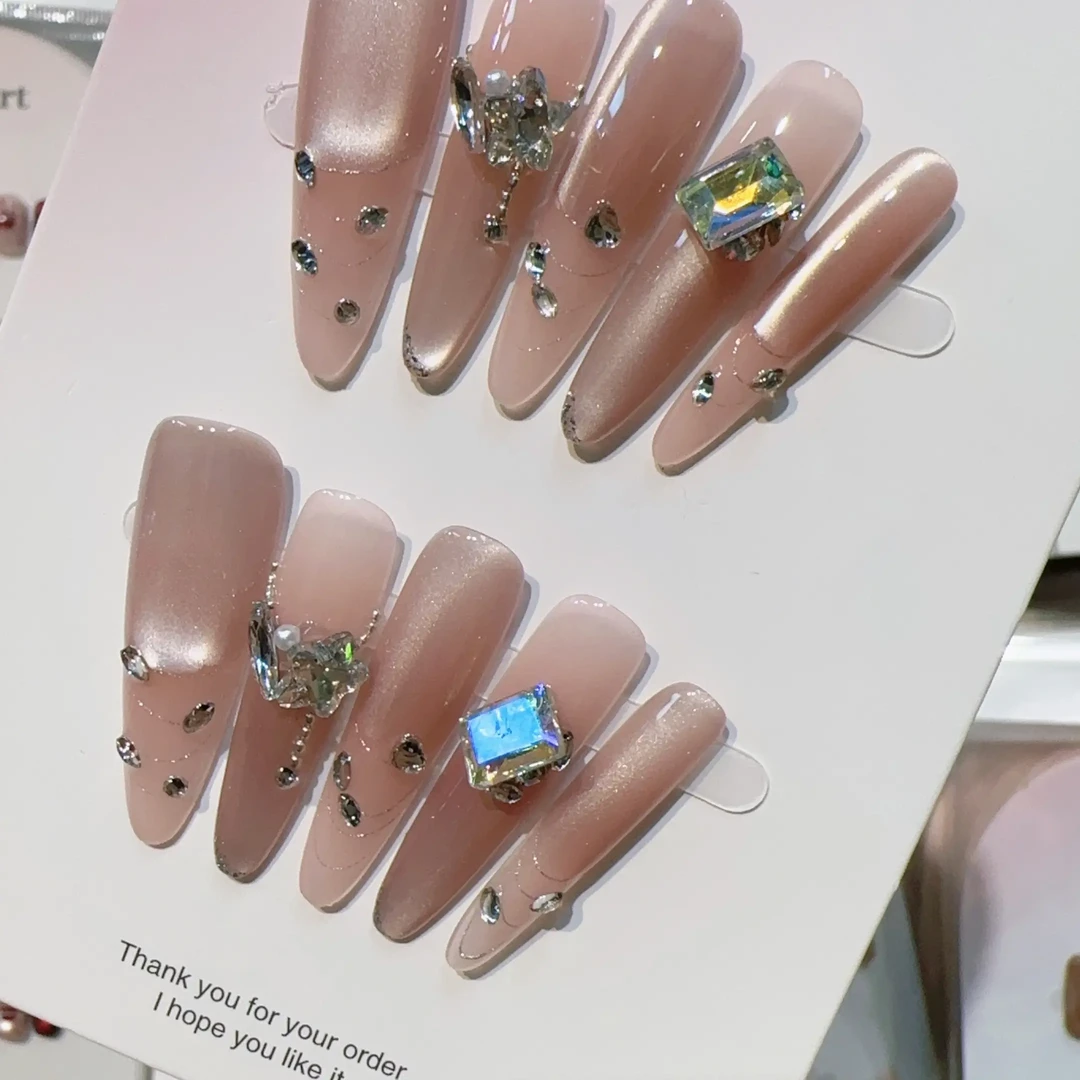4．0长手工美甲气质冰透裸猫眼高订高颜值轻奢爆闪显白穿戴甲镶钻