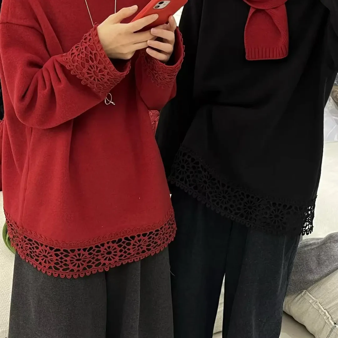 蛋娘专属加绒蕾丝拼接慵懒风上衣女韩系宽松下摆花边