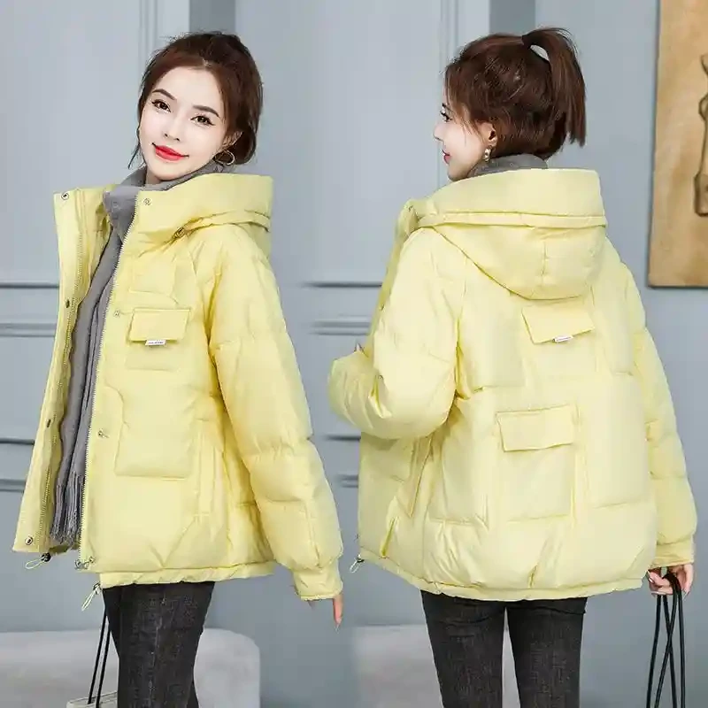 新韩式羽绒女式服装2025冬季加厚短棉女式服装连帽宽松棉夹克面包