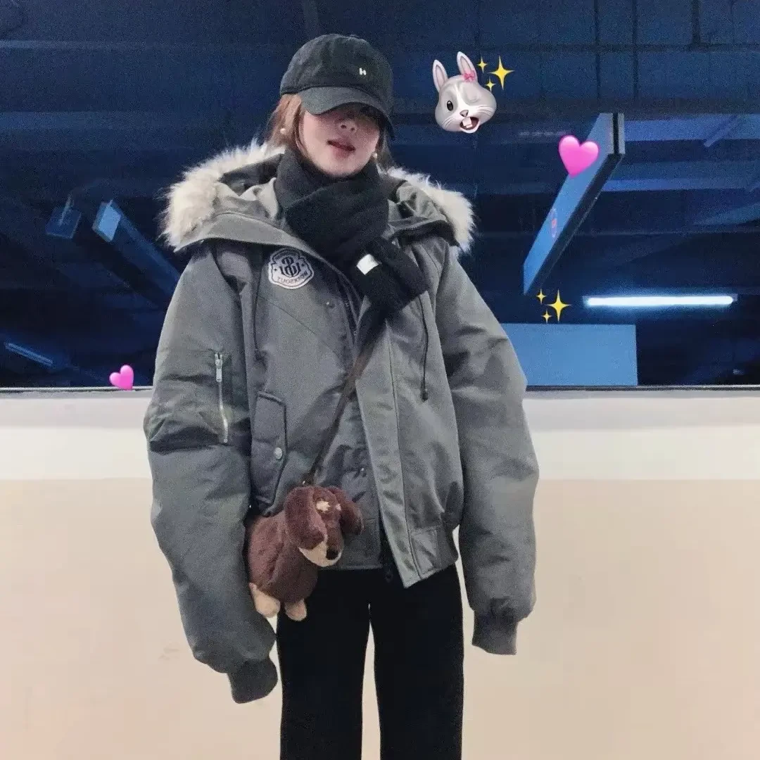 韩国露思同绿色飞行工装毛领连帽夹克外套棉服女