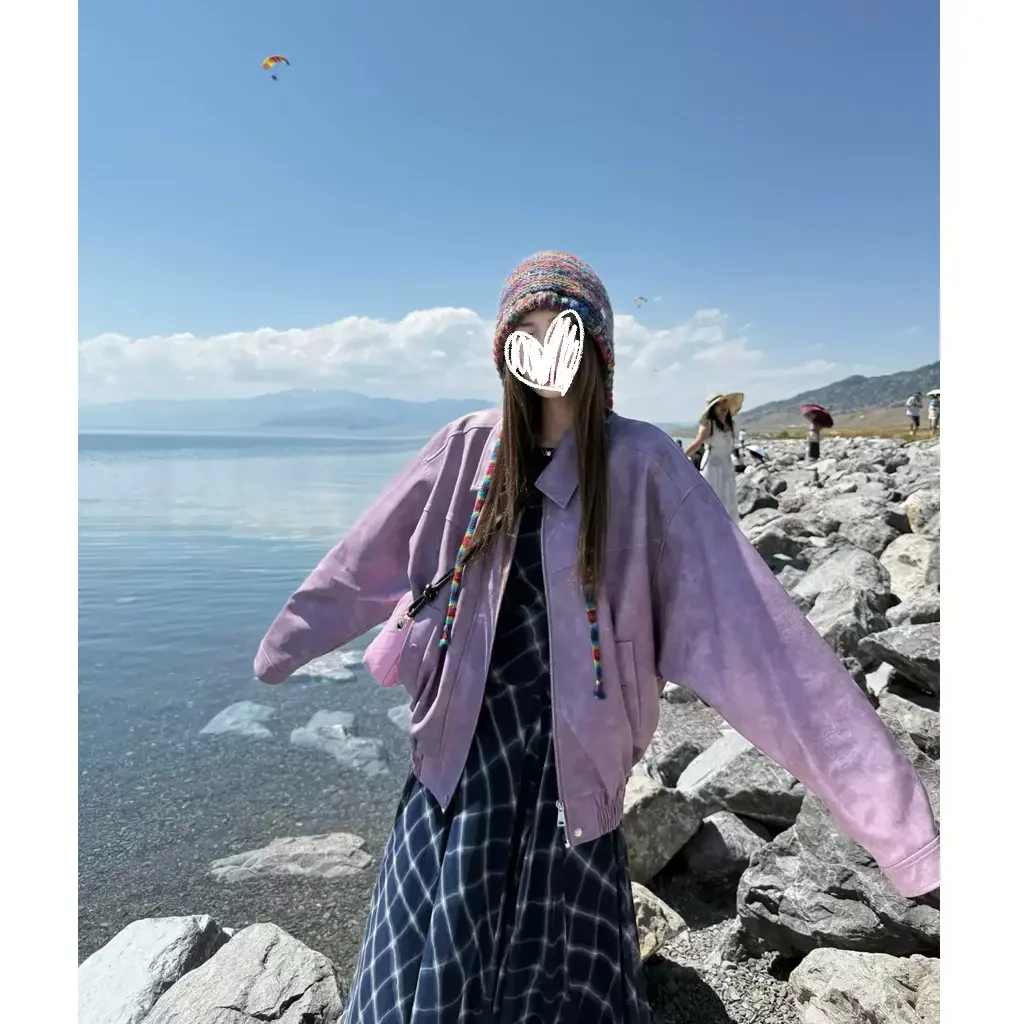 2025新款秋季拉链翻领皮衣女长短款宽松显瘦紫色绝美外套上衣女