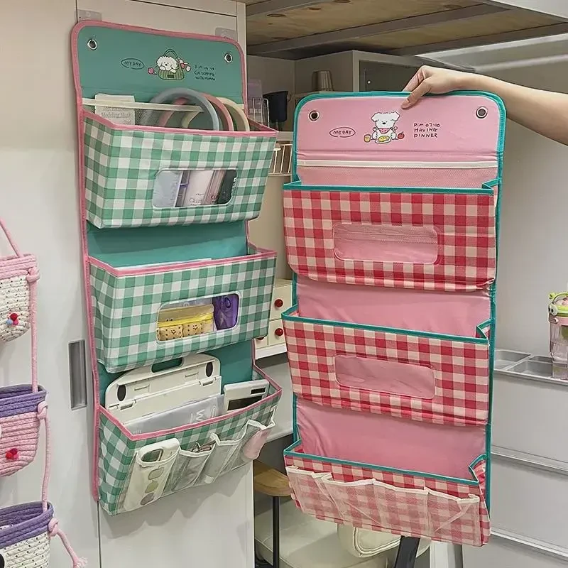 格纹收纳挂袋学生宿舍床上置物袋子上下铺门后悬挂床上网兜X1