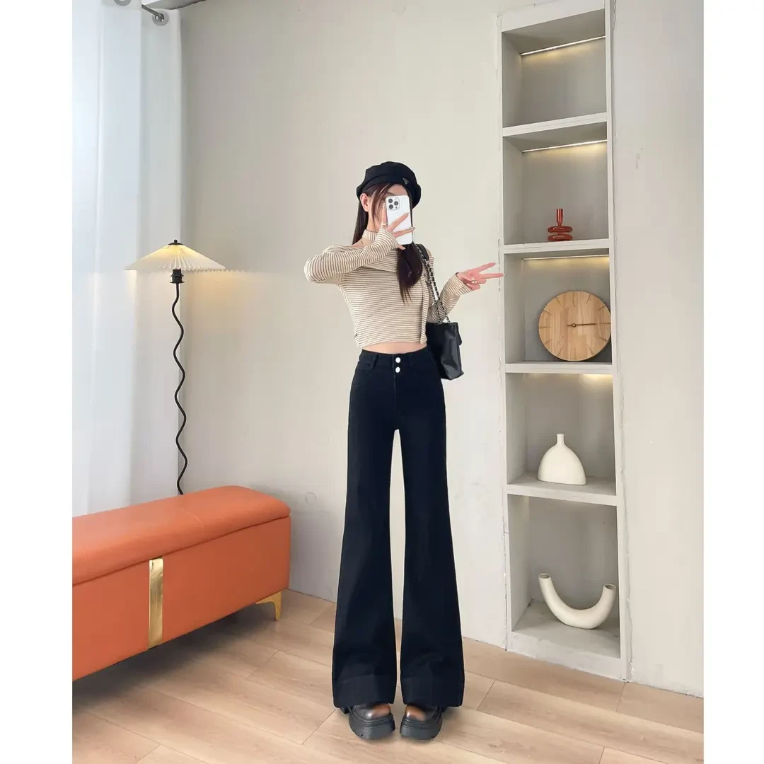 黑色直筒加绒牛仔裤秋冬2024年新款百搭流行爆款喇叭裤显瘦高腰