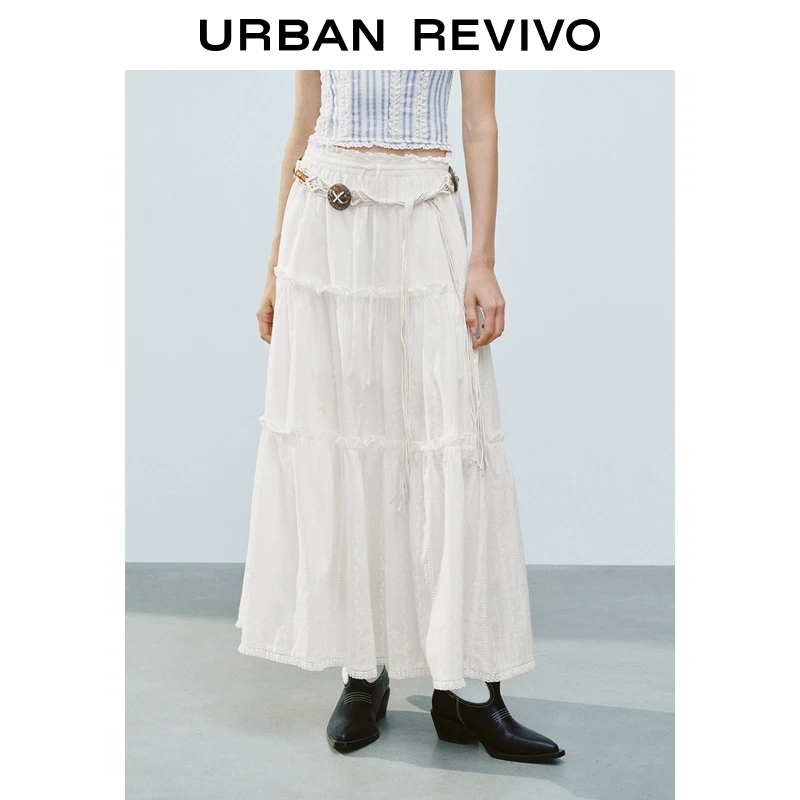 UR2025夏季新款女波嬉风超宽松花边长款白色半裙UYL550042