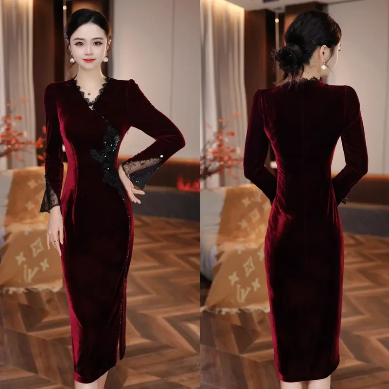 名媛阔太天2025秋季新款收腰显瘦洋气减龄轻奢女人味丝绒连衣裙