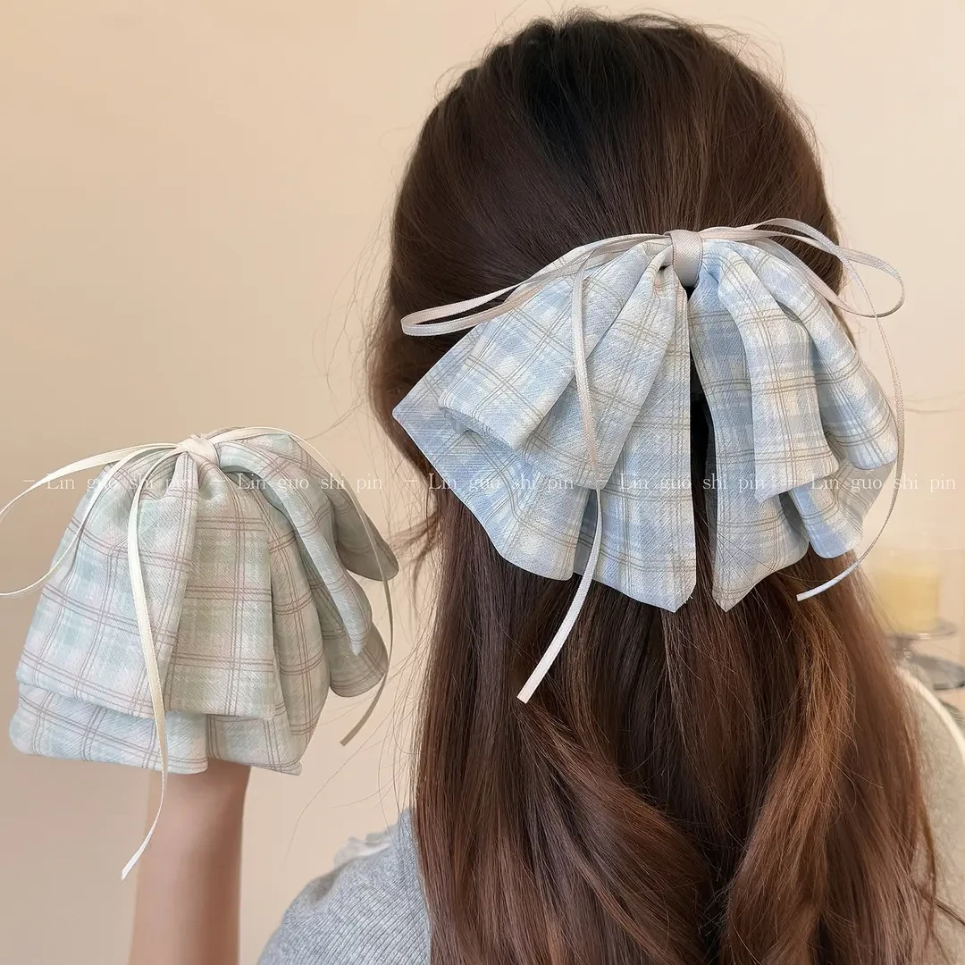 甜美格子蝴蝶结丝带马尾夹轻奢高级感新款抓夹发卡脑勺时尚发夹女