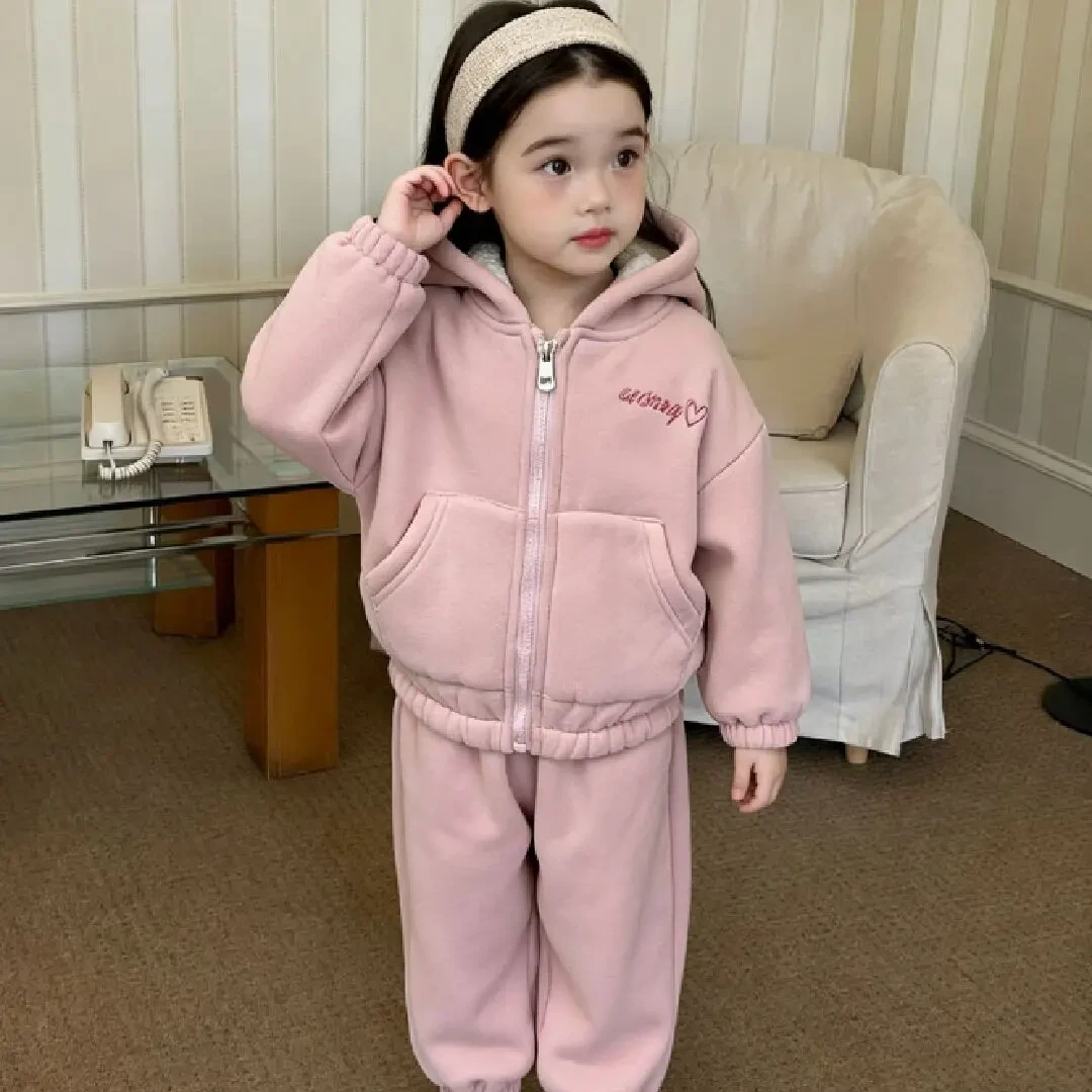 女童冬季新款韩版加绒加厚连帽卫衣保暖运动两件套装童装720261