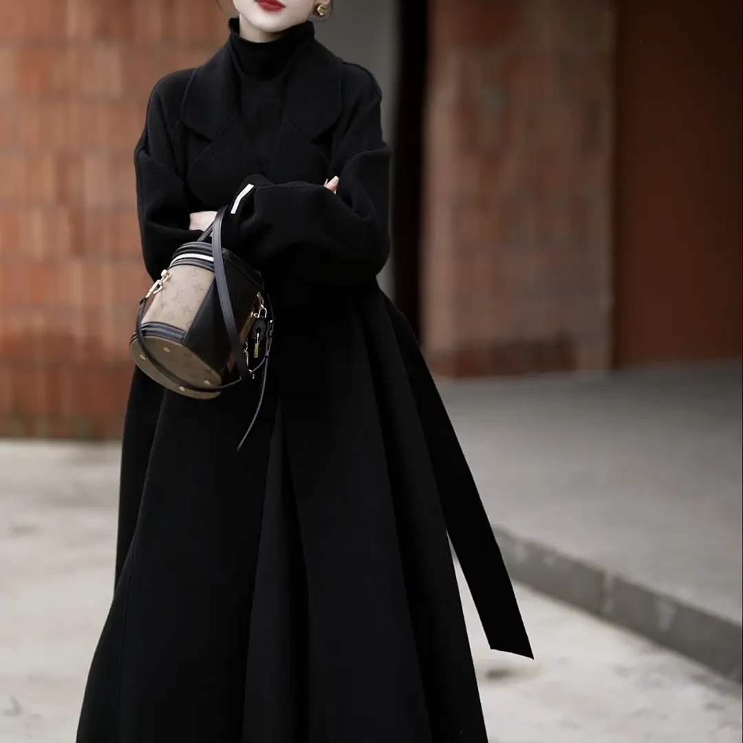 909双面绒大衣女加厚中长款毛呢保暖宽松西装领系带极简风外套