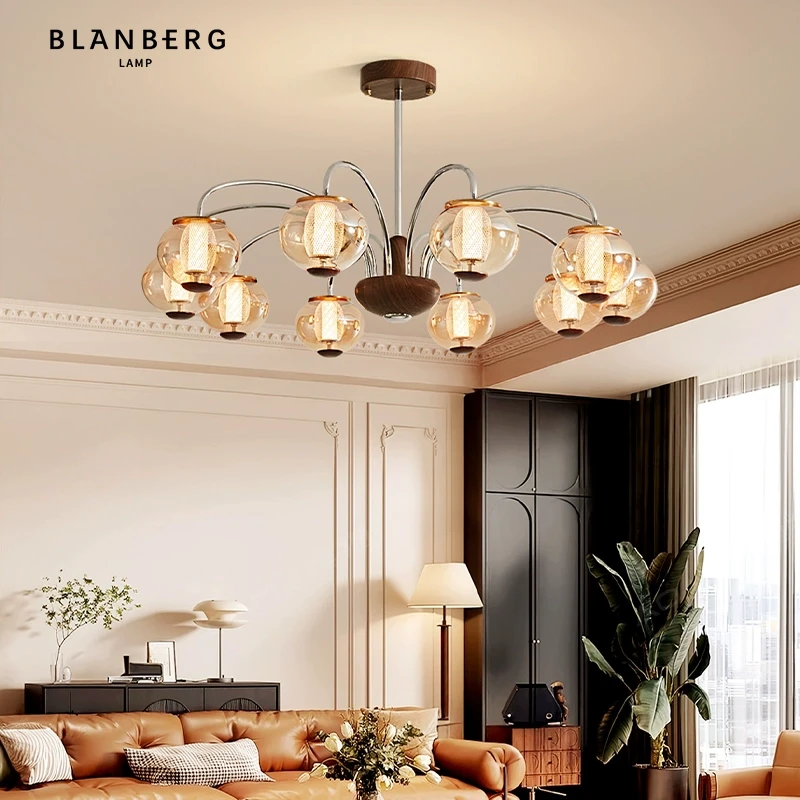 复古玻璃吊灯法式中古风创意高级感大厅灯设计师款胡桃木色客厅灯