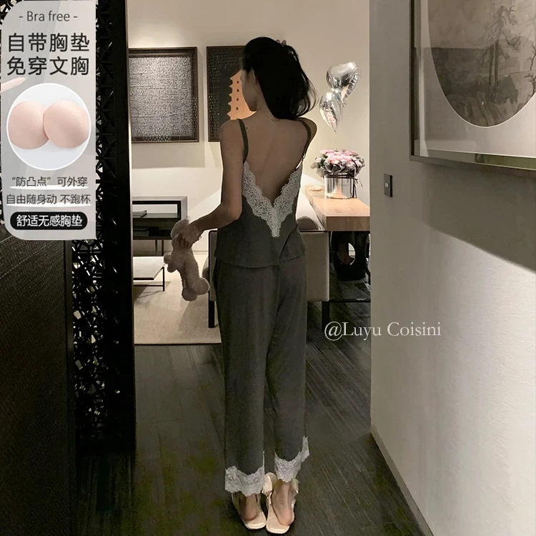 带胸垫莫代尔棉睡衣女款爆款2025新款夏季蕾丝吊带短裤套装可外穿