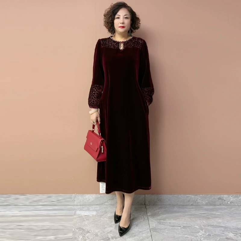 孟姐专属真丝绒连衣裙新款高贵奢华洋气裙子大码高级感妈妈打底裙