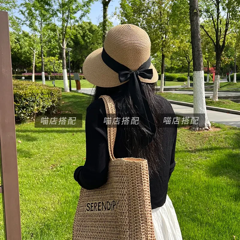大女主丝带草帽气质防紫外线遮阳帽大帽檐编织草帽显脸小百搭日常