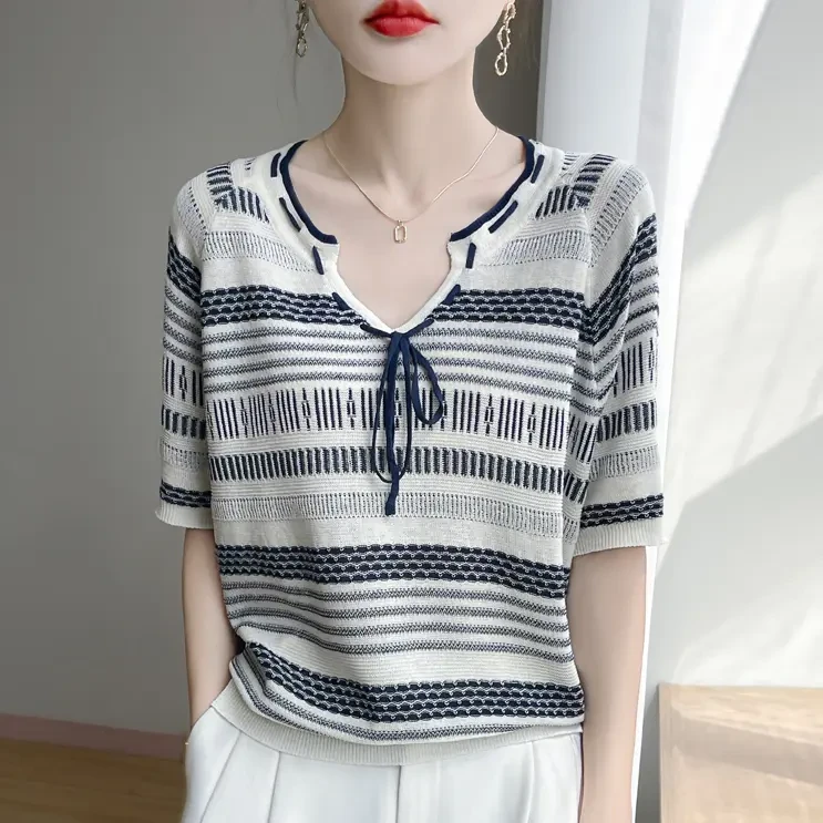 品牌时尚正品夏季新款针织衫时尚气质领蝴蝶结百搭提花上衣女