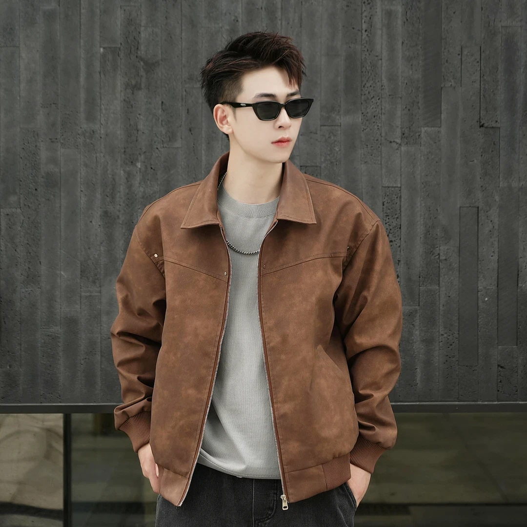 【皮衣夹克】秋冬美式复古翻领外套男士宽松百搭潮流极简风休闲上衣