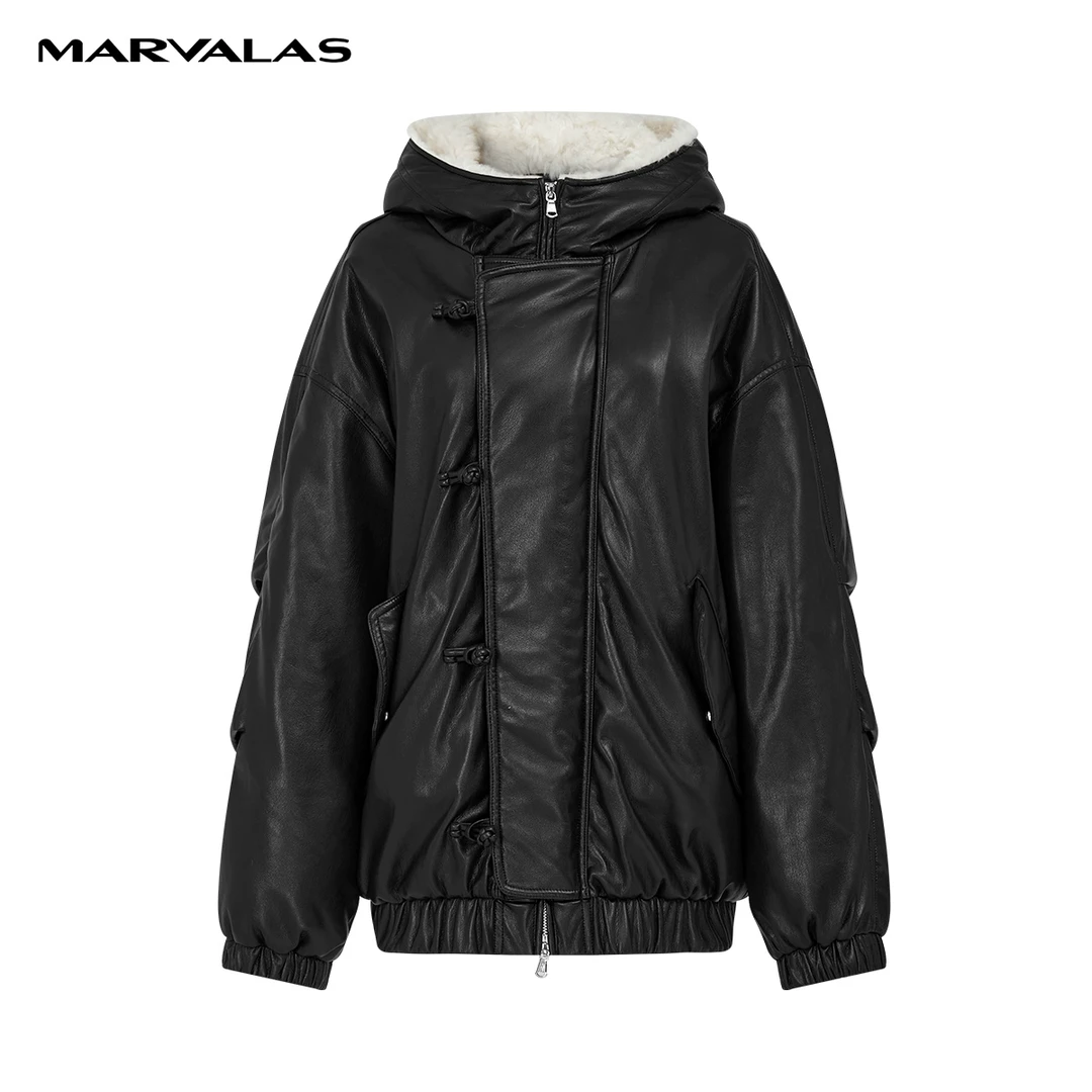 【曼德诗商场同款】皮质羽绒服羊毛领女冬季新款外套M450307441