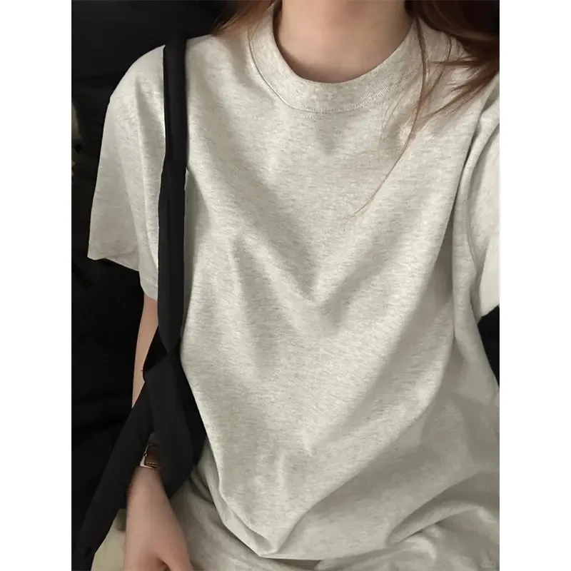 燕麦花灰色T恤男夏季重磅新疆长绒棉磨毛小领口短袖情侣装半截袖