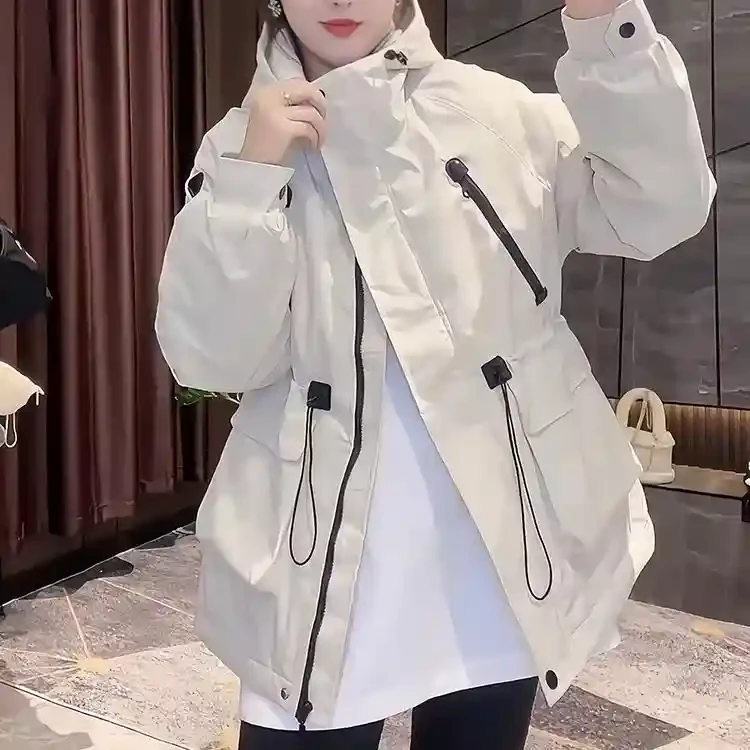 欧洲站2025秋季中长款抽绳连帽显瘦户外加棉冲锋衣外套女二棉风衣